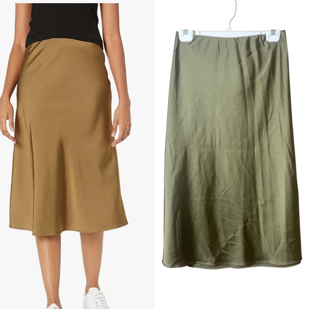 The Drop Maya Silky Satin‎ Slip Skirt Pull On Elastic Waist Olive Green Small